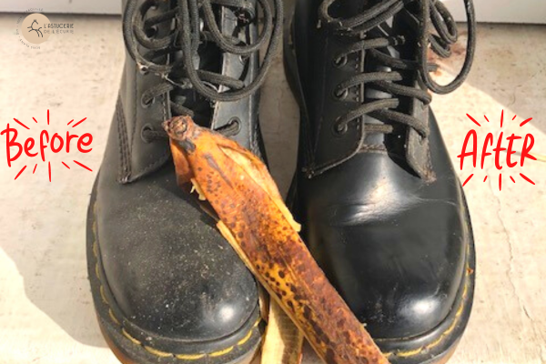 deux chaussures noires en cuir avant après nettoyage avec une banane